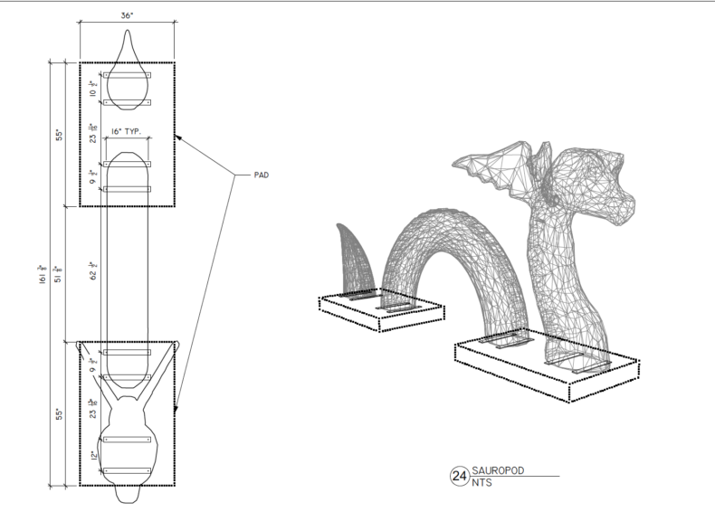 Line-drawing CAD schematic of the sauropod topiary frame with panel and mounting dimensions