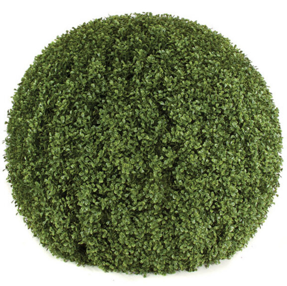 Artificial boxwood ball topiary, a dense round sphere of green foliage on a white background.