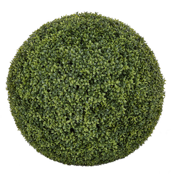 Dense green artificial boxwood ball on a white background, viewed straight on