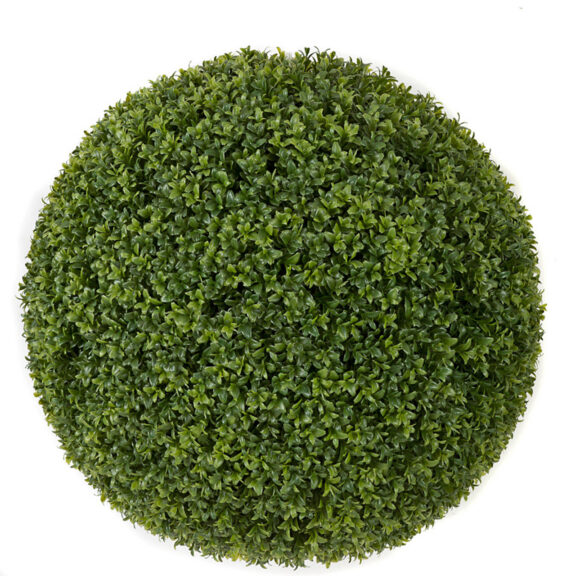 Artificial boxwood ball with slightly uneven leaf texture across the surface
