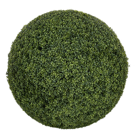 Dense green artificial boxwood ball on a white background, tightly clipped foliage