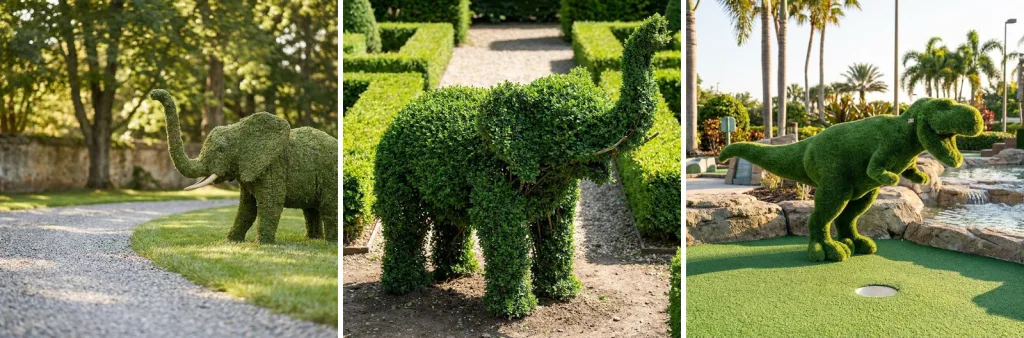 Three coverings on animal sculptures: a mossed elephant on a lawn by a gravel drive, a clipped boxwood elephant in a formal garden, and a turf T-Rex on a mini golf course.