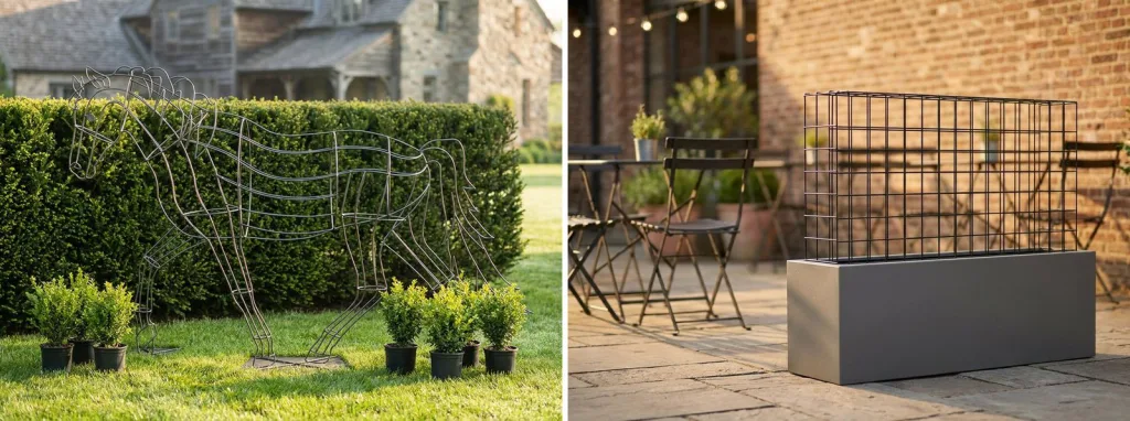 A bare steel horse frame standing on a lawn in front of a clipped hedge with small boxwoods in pots, and a tall steel grid hedge frame in a gray planter on a brick patio.