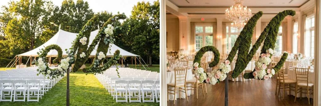 A mossed script letter M dressed with white roses and greenery at the head of an outdoor wedding aisle, and a mossed letter M with hydrangeas and blush roses at the door of a hotel ballroom.