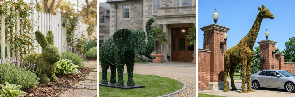 A small mossed rabbit in a garden bed by a picket fence, a mossed elephant on the lawn of a stone hotel, and a giraffe sculpture taller than the brick gate piers of an estate entrance.