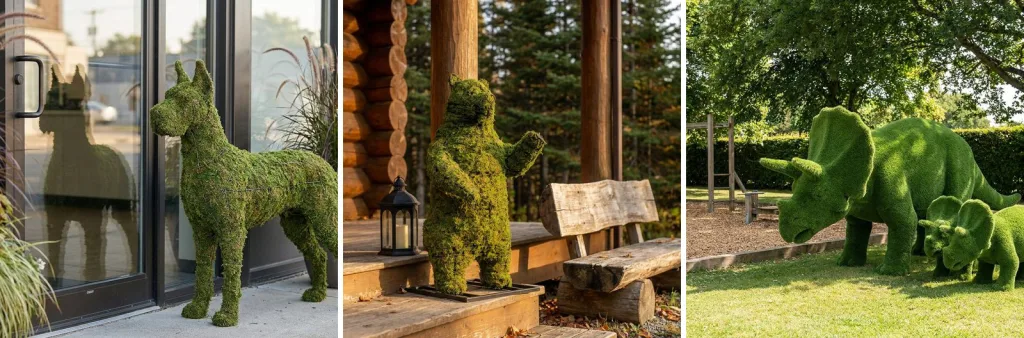 A life-size mossed Great Dane beside a glass shop door, a mossed bear standing by a log cabin door, and a turf mother triceratops with her baby on a playground lawn.