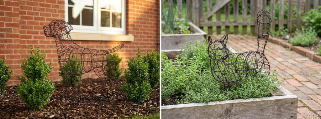 A bare wire Labrador frame among young boxwood in a mulched bed by a brick house, and a bare wire cat frame in a raised bed of herbs beside a brick path.