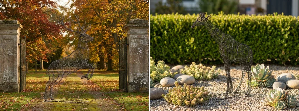 A bare wire leaping deer frame between two stone gate piers in autumn, and a bare wire giraffe frame in a gravel bed of succulents in front of a clipped hedge.