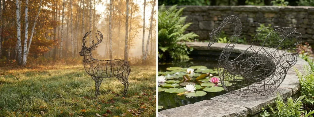 A bare wire deer frame on a lawn at the edge of birch woods in autumn light, and a bare wire swan frame on the stone edge of a lily pond.