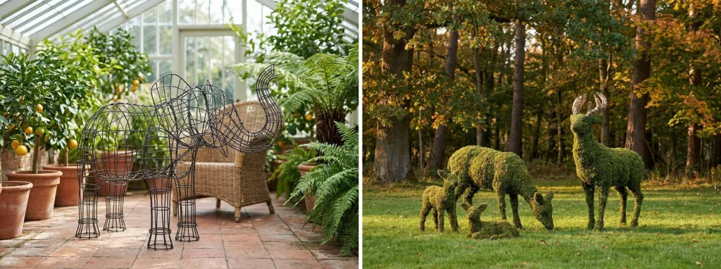 Bare wire elephant frames standing among potted citrus in a glass conservatory, and a mossed deer family with a stag, a doe and a fawn on a lawn at the edge of autumn woods.