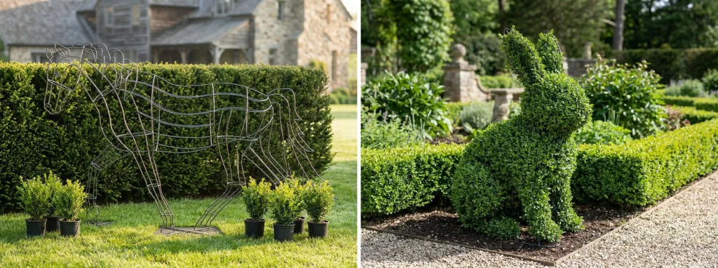 A large bare wire horse frame standing in front of a clipped hedge on a lawn with young boxwood in pots at its feet, and a live boxwood bunny clipped into shape in a formal garden.