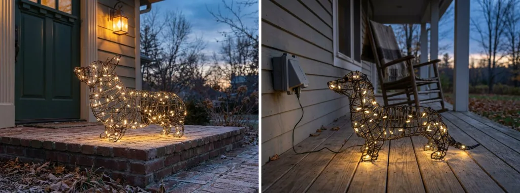 A wire corgi wrapped in warm mini lights on a brick front step at dusk, and a wire dachshund wrapped in lights on a wooden porch at dusk.