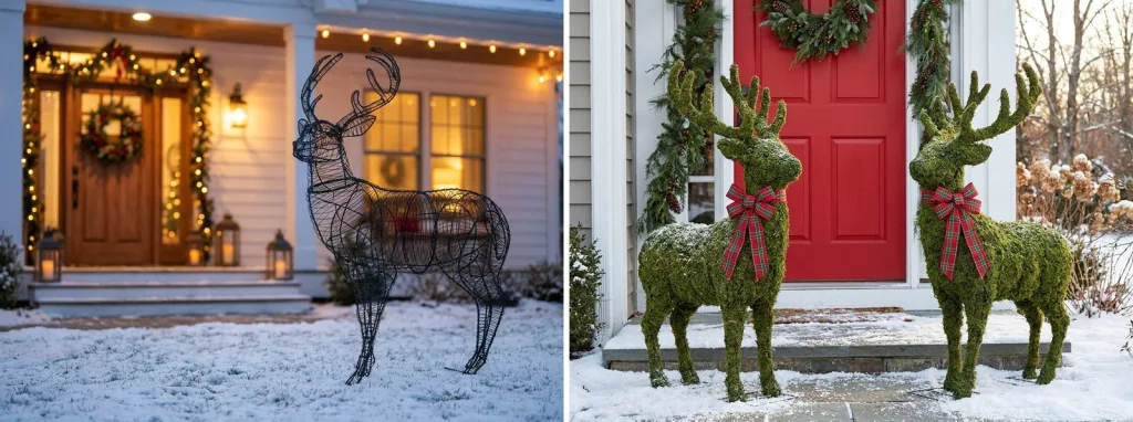 A bare wire deer frame beside a front door dressed with holiday lights and wreaths in snow, and a pair of mossed reindeer topiaries with red bows by a red front door in snow.