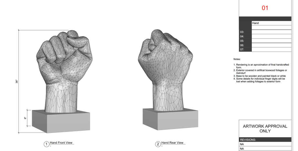 CAD line drawing of the raised-fist sculpture frame with height dimensions, marked artwork approval only