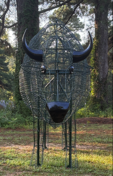 Wire-mesh bison topiary frame, front view, with black horns and muzzle