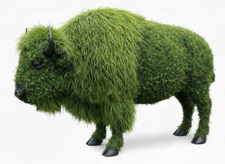 Bison topiary covered in green boxwood foliage, with horn, eye, and hoof detail