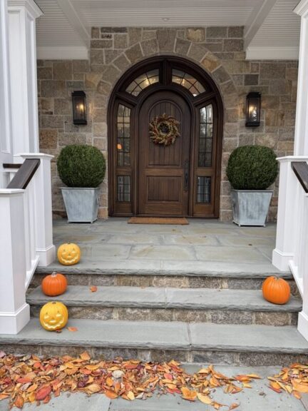Two boxwood ball topiaries in planters flanking a front door, pumpkins on the steps.