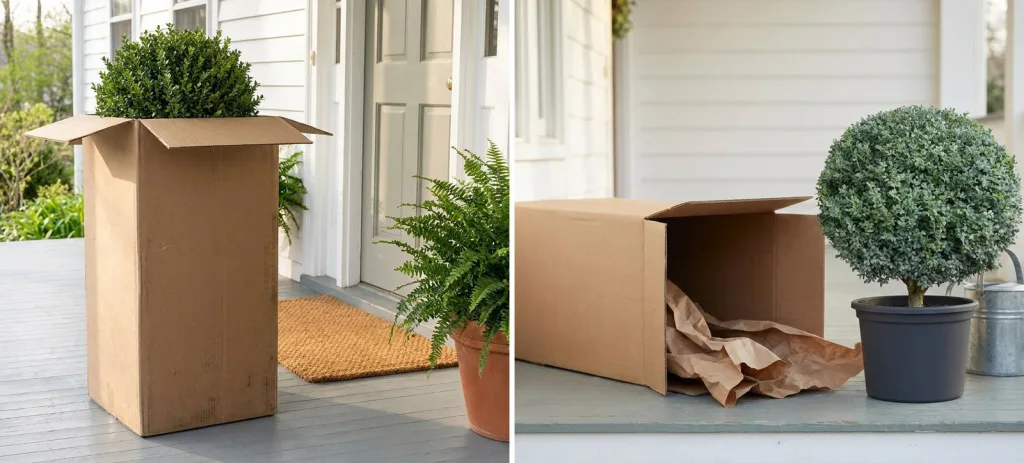 A tall plain cardboard shipping box on a white front porch with the top of a boxwood ball showing, and the same boxwood ball unpacked in its black nursery pot beside the empty box lying on its side and a watering can.