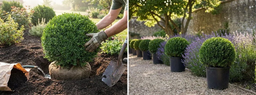 A boxwood ball with a burlap root ball being set into a wide planting hole beside a bag of compost, and clipped boxwood balls planted along a gravel path with lavender.