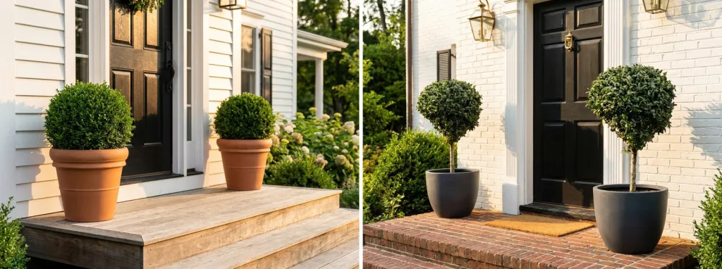 A pair of boxwood balls in terracotta pots on the wooden steps of a white front door, and two boxwood balls on stems in black pots either side of a black door on a brick step.