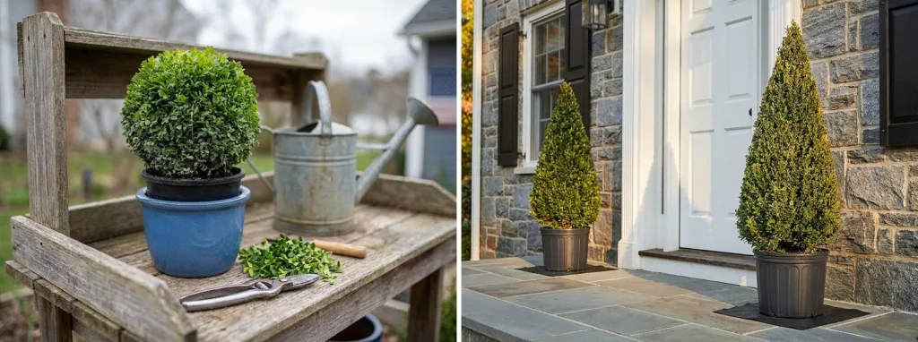 A small boxwood ball in a blue pot on a potting bench beside hand shears and fresh clippings, and a pair of live boxwood cones by a white front door.