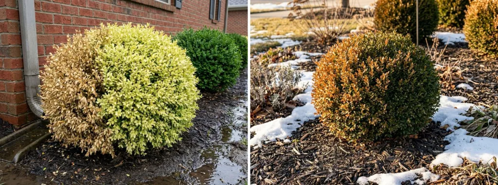 A boxwood in a soggy bed by a downspout with pale yellow and straw-brown foliage beside a healthy green one, and a boxwood ball with bronze winter leaves in a snowy bed.