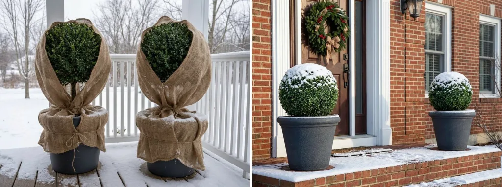 Two boxwood topiaries on a snowy porch wrapped loosely in burlap, and a pair of boxwood balls in gray pots dusted with snow beside a red brick front door.
