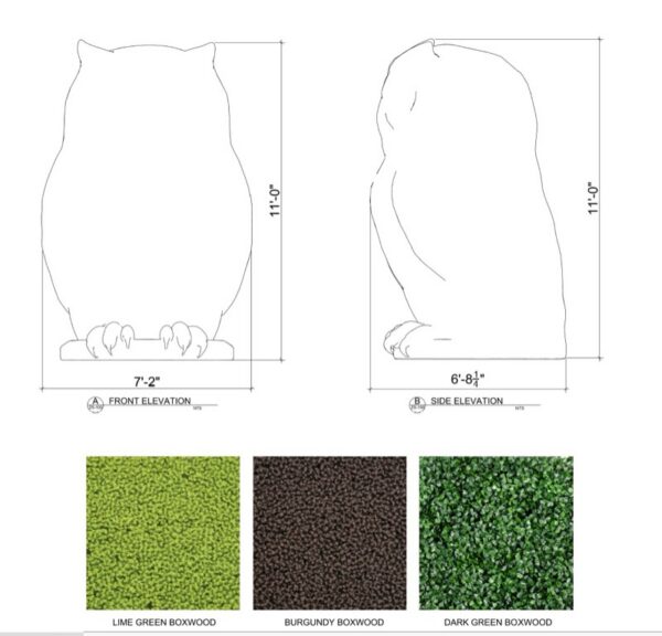 CAD line drawing of the multi-color boxwood owl topiary design