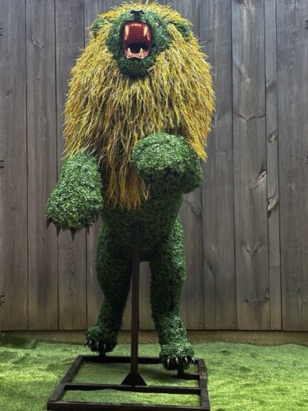 Rearing lion topiary sculpture, front view