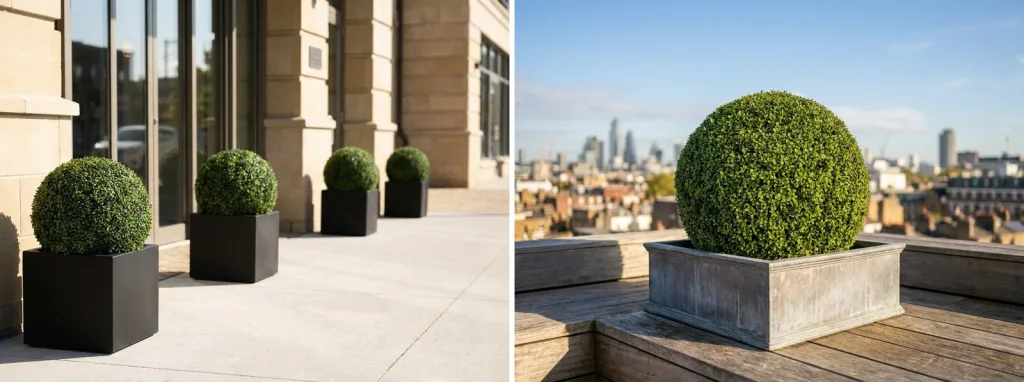 A row of artificial boxwood balls in black planters along a hotel frontage, and a large artificial boxwood ball in a stone planter on a city rooftop deck.