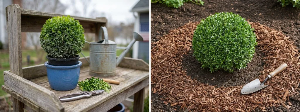 A small live boxwood ball in a blue pot on a potting bench with hand shears and a watering can, and a live boxwood ball in a garden bed with a flat ring of bark mulch.