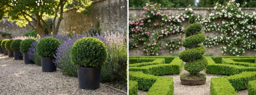 A row of live boxwood balls in black pots along a lavender border on a gravel path, and a live boxwood spiral at the center of a clipped parterre garden.