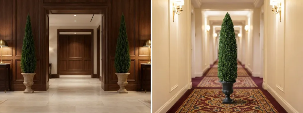 A pair of preserved cones in stone urns either side of a wood-paneled office corridor, and a tall preserved cone on a patterned runner in a hotel hallway.