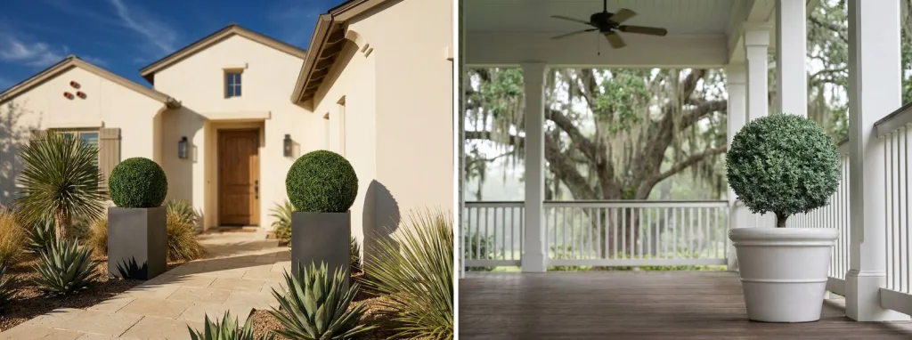 A pair of artificial boxwood balls in tall charcoal planters by a stucco house in hard Texas sun, and a live boxwood ball in a white planter in the shade of a deep Southern porch.