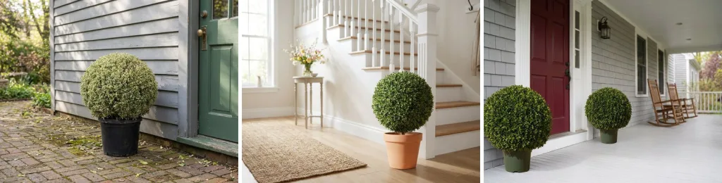 Three boxwood balls: a live boxwood ball in a black pot by a gray clapboard house, a preserved boxwood ball in a terracotta pot in a front hall by the stairs, and a pair of artificial boxwood balls on a covered porch.