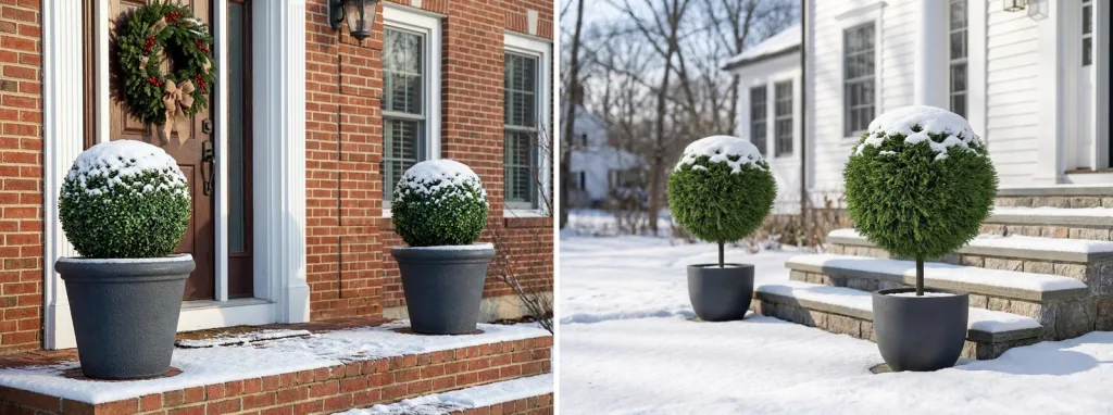 A pair of live boxwood balls in gray planters by a red brick door after a light snow, and a pair of artificial cedar balls on stems with snow on top beside snowy stone steps.
