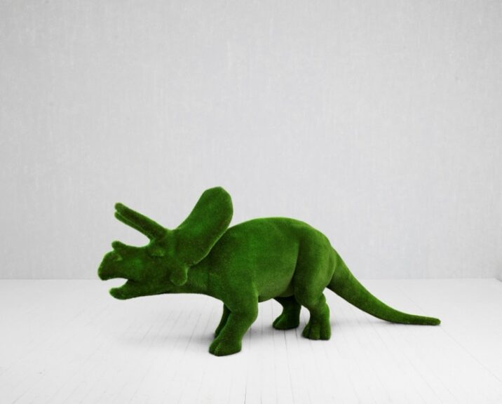 Triceratops-shaped topiary sculpture covered in green turf, shown in a white room setting