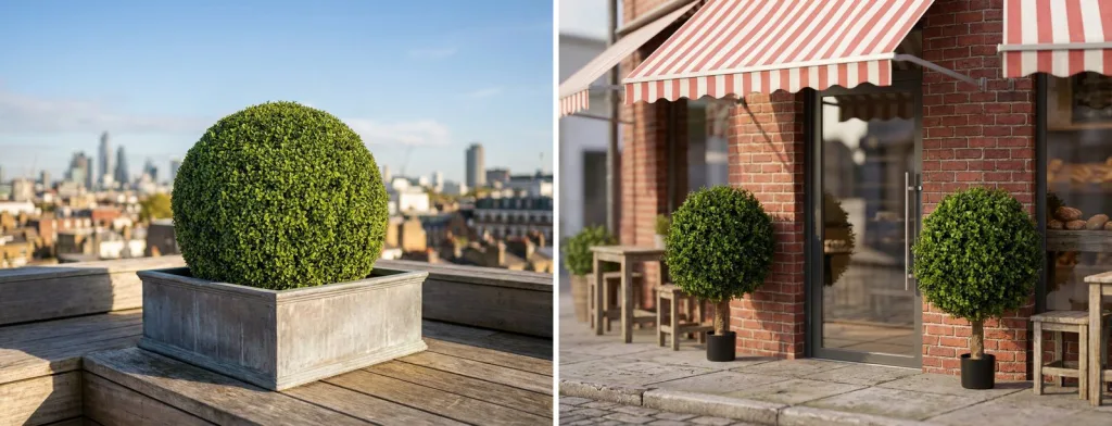 A large artificial boxwood ball in a square zinc planter on a sunny rooftop terrace, and a pair of artificial boxwood ball trees under the striped awning of a brick bakery front.