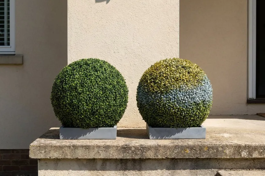 Two artificial boxwood balls on a sunny front step: on the left a new ball in even deep green, on the right an old ball faded to yellow and pale gray on its top and sun-facing side.