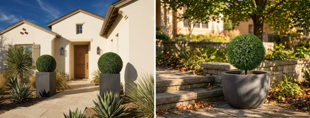 A pair of artificial boxwood balls in tall charcoal planters by the door of a cream stucco house in hard Texas sun, and an artificial cedar ball in a gray planter in the dappled shade of a maple beside stone steps.