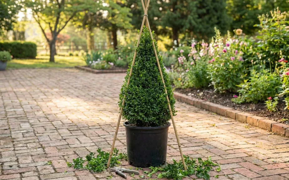 A freshly trimmed live boxwood cone in a black pot on a brick patio with two bamboo canes leaning in to meet above its tip, hand shears and clippings on the bricks beside it.