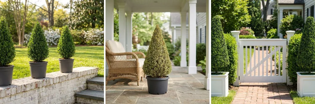 A row of three small boxwood cones in black pots along a low brick wall by a lawn, a variegated boxwood cone on a covered porch beside a wicker chair, and two tall cones in white planters either side of a garden gate.