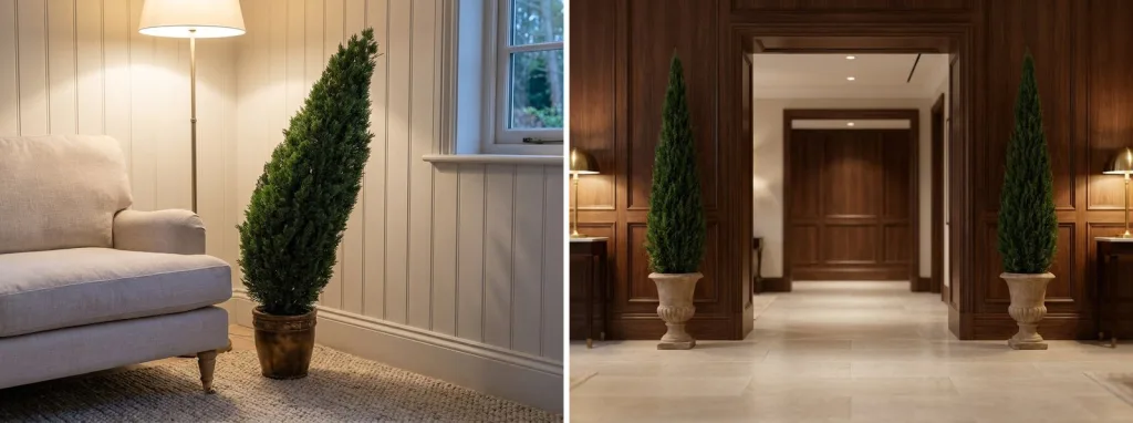 An artificial cedar cone in a small pot beside an armchair in a paneled living room, and a pair of preserved cones in stone urns either side of a hotel corridor.