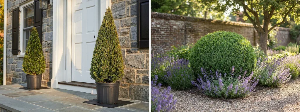 A pair of live boxwood cones in black pots either side of a white front door on a stone house, and a large clipped boxwood ball in a gravel bed among lavender.