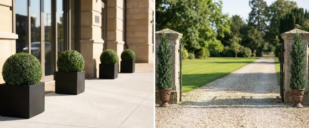 Four artificial boxwood balls in heavy square black planters along a hotel front, and two tall artificial cypress trees in bronze urns at stone gate piers.