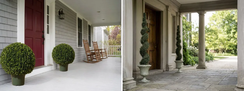 A pair of artificial boxwood balls on a covered front porch by a red door, and a pair of slim artificial spirals in stone urns under a deep columned portico.