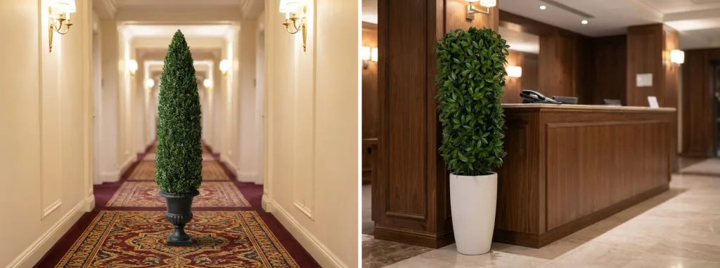 A tall preserved cone in a black urn at the end of a long carpeted hotel corridor, and a tall artificial topiary tree in a white planter beside a wood-paneled reception desk.