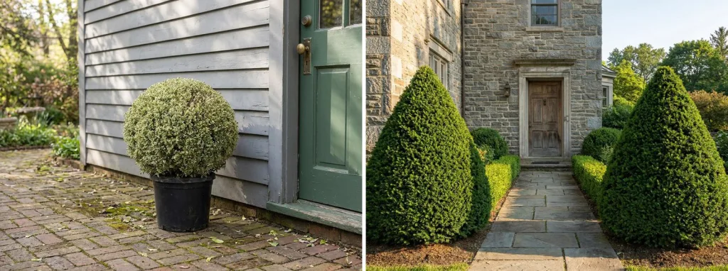 A variegated boxwood ball in a black pot on old brick paving in the shade of a gray clapboard house by a green door, and a pair of clipped yew cones either side of a stone path to a stone house.