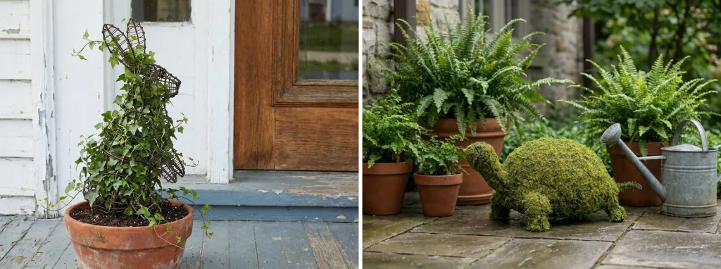 English ivy trained over a wire rabbit frame in a terracotta pot on a shaded porch, and a mossed turtle topiary among potted ferns on a shady stone patio.