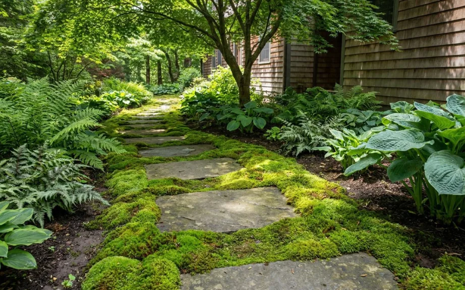 Live green cushion moss growing between bluestone stepping stones on a shaded path beside a house, with ferns and hostas at the edges.
